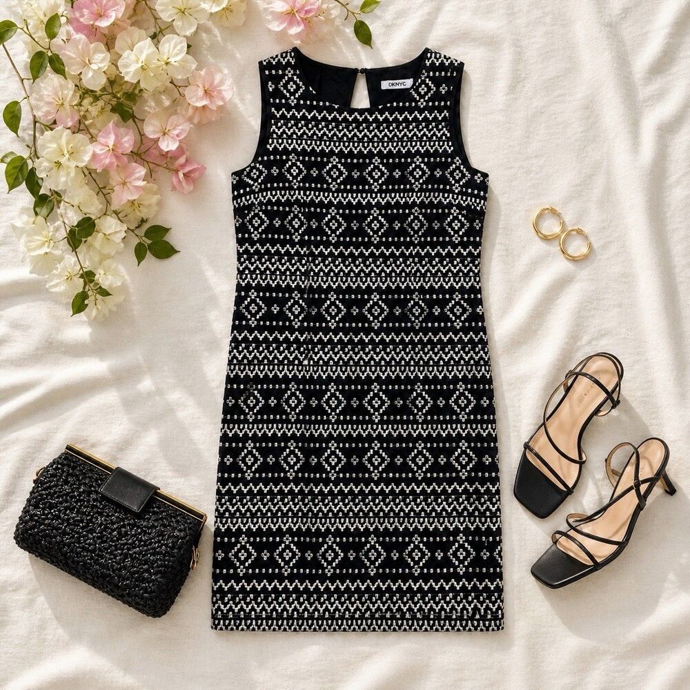 DKNYC Linen Sheath Dress Jumper Black White Embroidered Knee Modest Minimalist S
